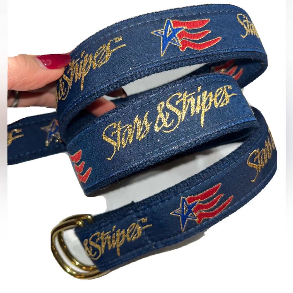Stars Stripes L BLUE CANVAS BELT Leather Man USA patriotic 44”long Adjustable Lg